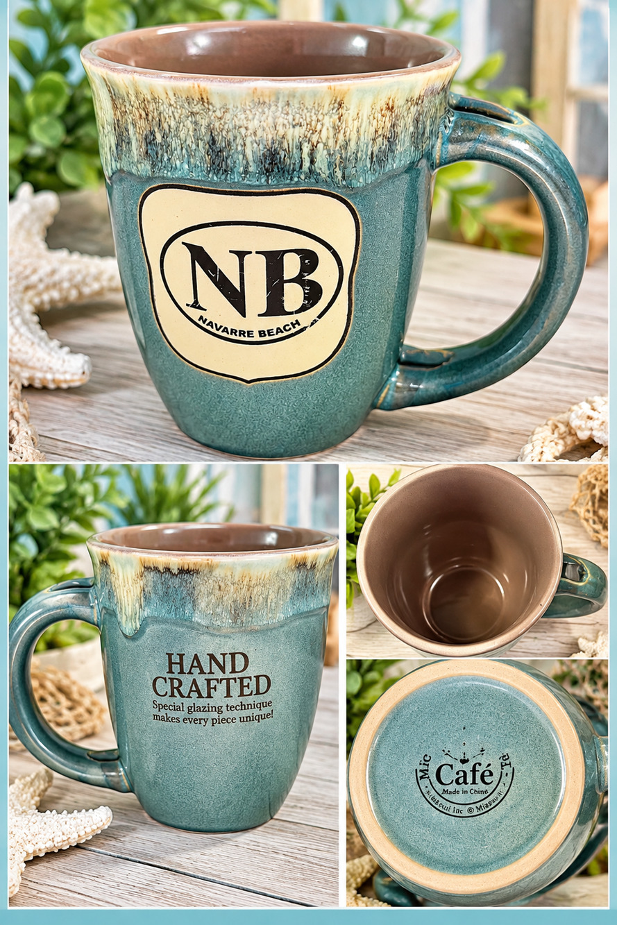 Navarre Beach Florida NB Hand Crafted Café Ceramic Coffee Mug Teal Glazed